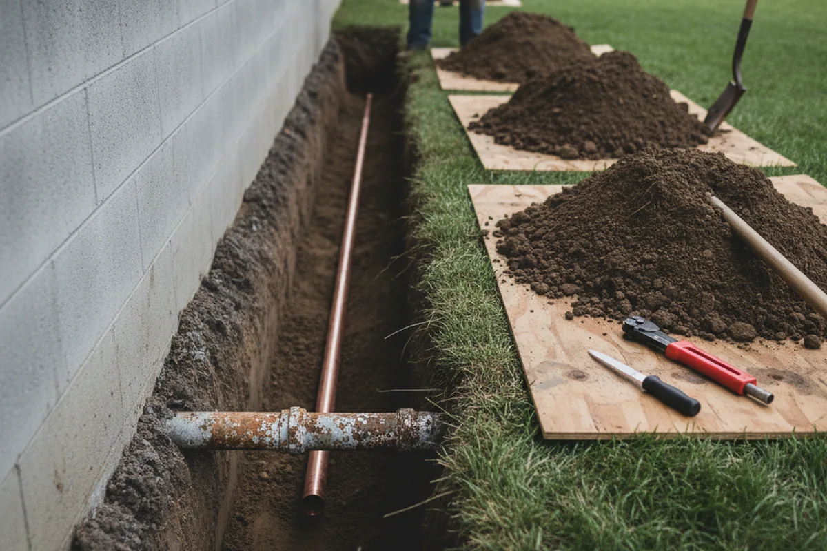 Excavated water line trench during Water Heater Repair in Nunn